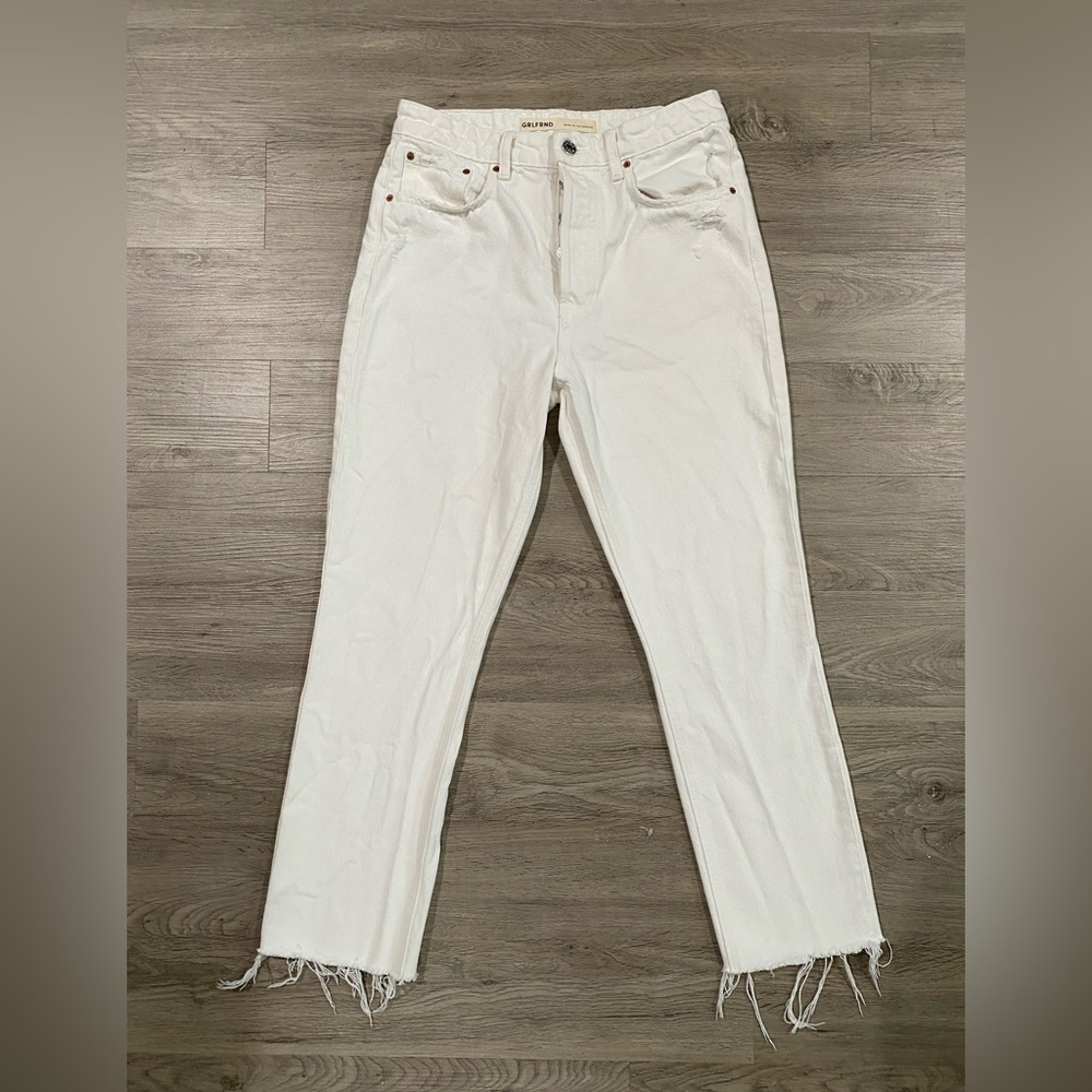 Grlfrnd The Karolina High Rise Straight Crop White Jeans Raw Hem Fray